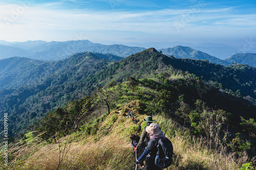 Kanchanaburi.thailand 19.12.2022 Unacquainted people with Beautiful landscape view and layers mountains on khao khao chang phueak mountian. photo