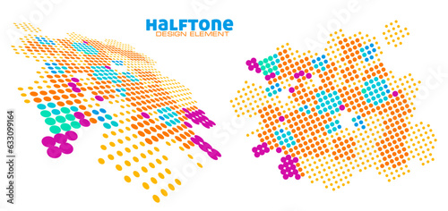 Halftone design element with saturated multicolor dots. Simple vector graphics