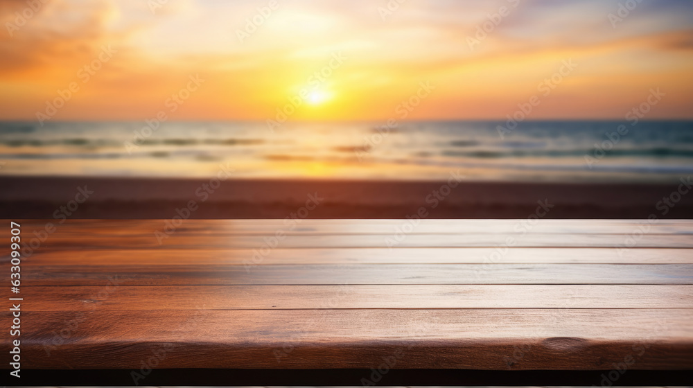 Wooden table on sunset beach background