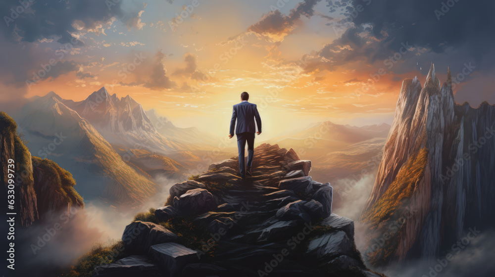 A businessman standing on top of a rocky mountain and looking at morning sunrise. Success, achievement, determination, and ambition. Generative AI