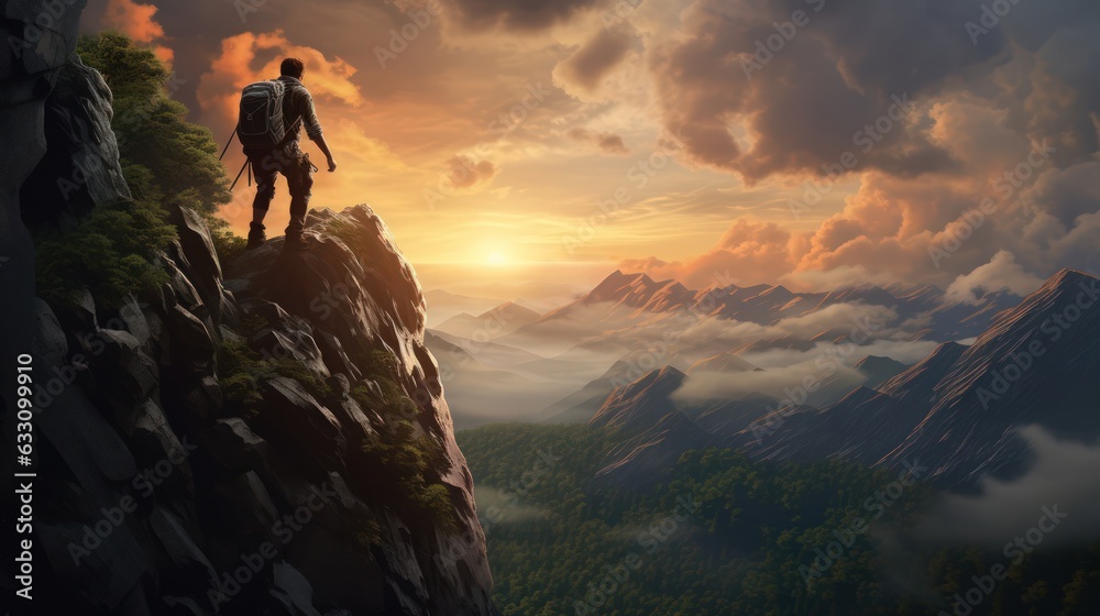 A hiker stands on a high rocky mountain looking at sunrise sky. Determination, persistence, perseverance, effort, and success. Generative AI