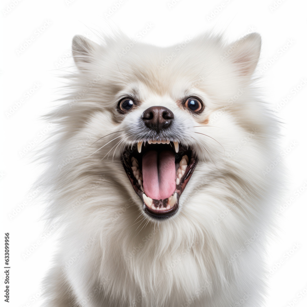Isolated American Eskimo Dog with White Background: Angry and Growling