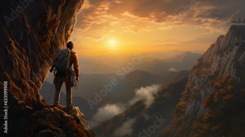 A hiker stands on a high rocky mountain looking at sunrise sky. Determination, persistence, perseverance, effort, and success. Generative AI © KikkyCNX