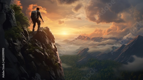 A hiker stands on a high rocky mountain looking at sunrise sky. Determination, persistence, perseverance, effort, and success. Generative AI