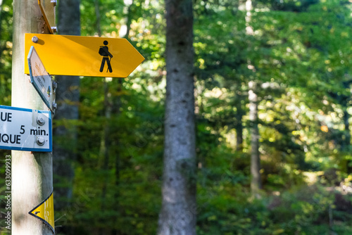 Yellow sign marking a hiking trail in a forest