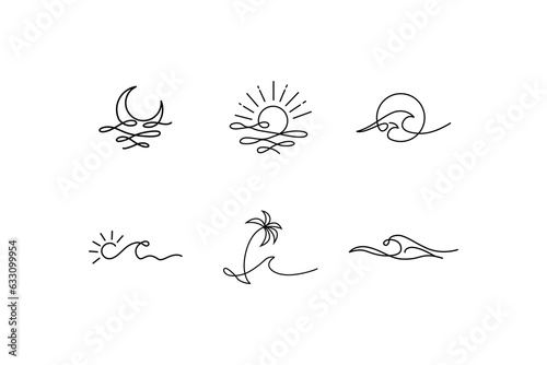 Hand drawn, sun, ocean, beach elements earth elements vector art illustration, line art wave, ocean sun illustration