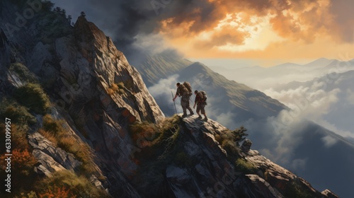 AHikers climb and stand on a high rocky mountain on a sunrise sky background. Determination, persistence, perseverance, effort, teamwork, and success. Generative AI