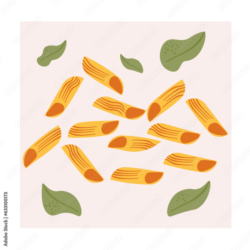 Illustration showing penne pasta and basil leaves scattered over a light pink background. For menu design, product advertising, food blogs and other projects.