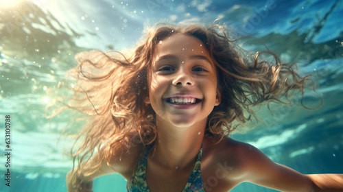 child girl in the pool swimming dived under the water