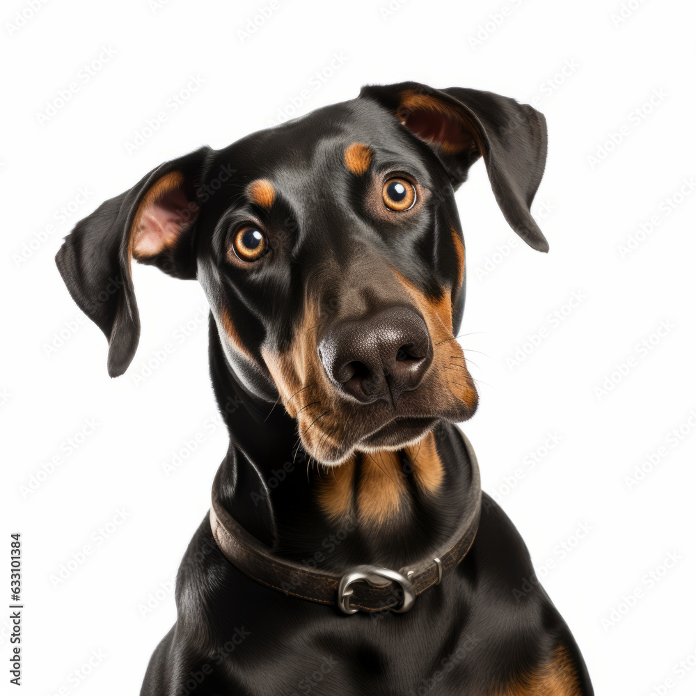Isolated Doberman Pinscher Dog with Tilted Head on White Background