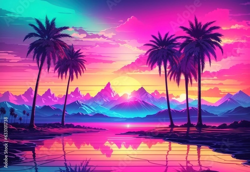 Beautiful sunrise view with view of palm trees and mountains retro neon color