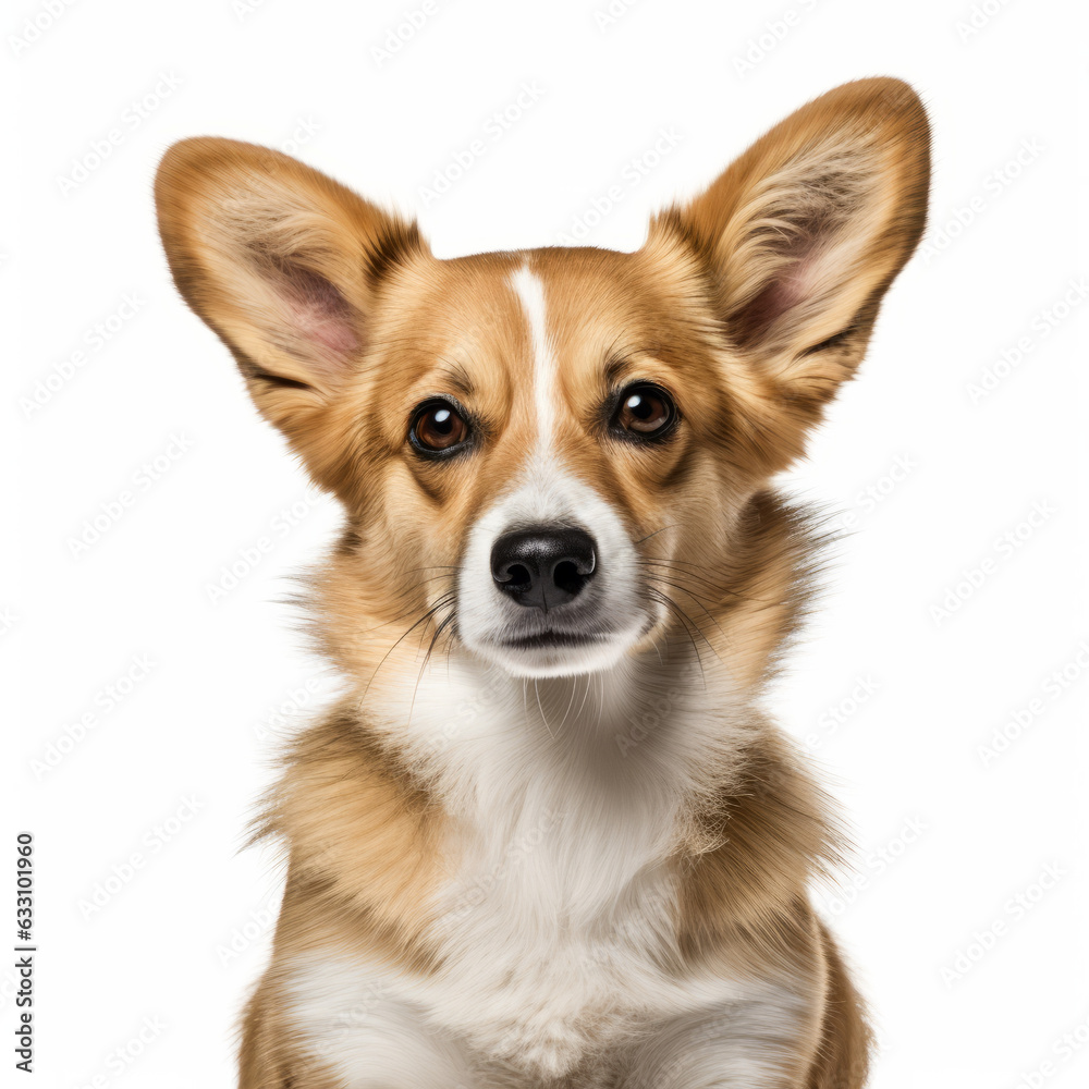 Isolated Portrait of a Sad Pembroke Welsh Corgi Dog with Visibly Sad Expression on White Background