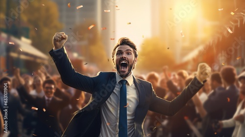 A successful businessman raises his hands to celebrate for his success and achievement with cheering ccollegues in the background. Generative AI