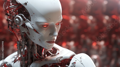 Superintelligent God-like AI develops autonomously. Artificial intelligence godlike could become a threat to the human race. A red-eye humanoid robot. Generative AI