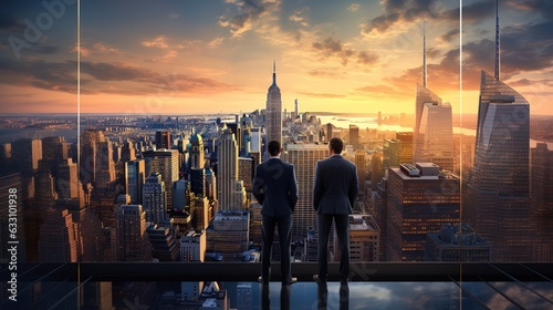 Two businessmen, partners, discuss in high building and looking at modern city in sunrise. Business partnership and collaboration. Generative AI