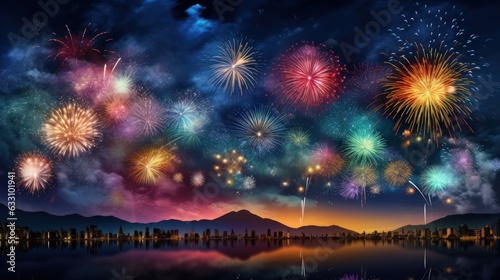 Holiday colorful  fireworks on dark sky background. Celebration and festival. Generative AI © KikkyCNX