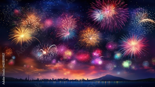 Holiday colorful fireworks on dark sky background. Celebration and festival. Generative AI