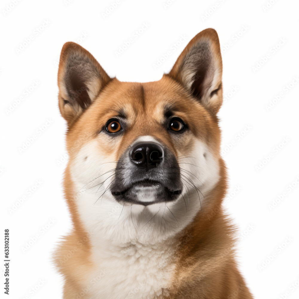 Isolated Akita Dog Portrait with Tilted Head on White Background