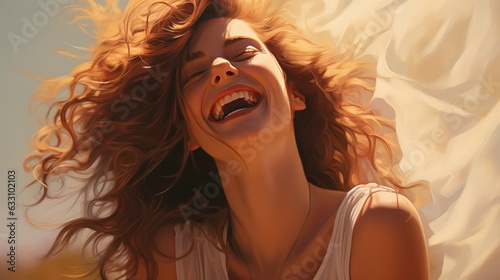 Portrait of a happy woman smiles and laughs happily. Happiness, well being, and self apprediation. Generative AI