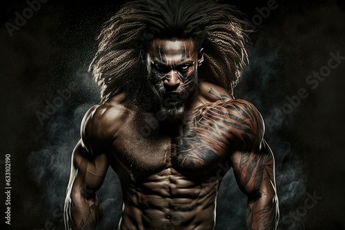 Intense Warrior with Tribal Markings and Dreadlocks