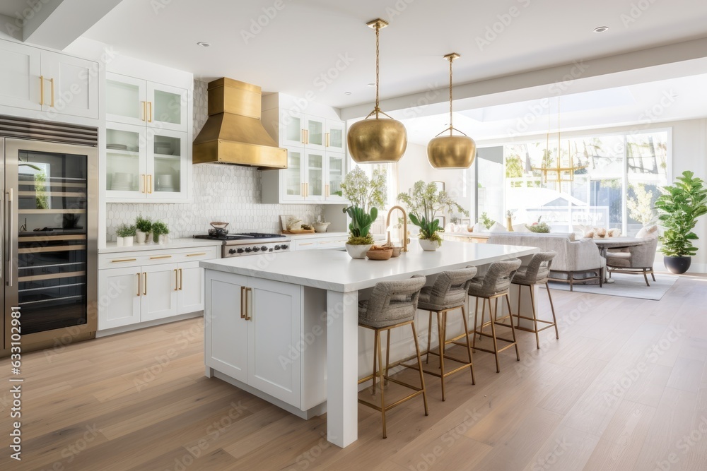 This extravagant contemporary farmhouse style kitchen features spacious white walls, cabinets, and countertops. The kitchen is equipped with bar chairs and an inviting eating counter. The exquisite