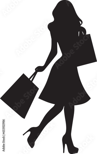 shopping girl with shopping bag vector silhouette illustration black color