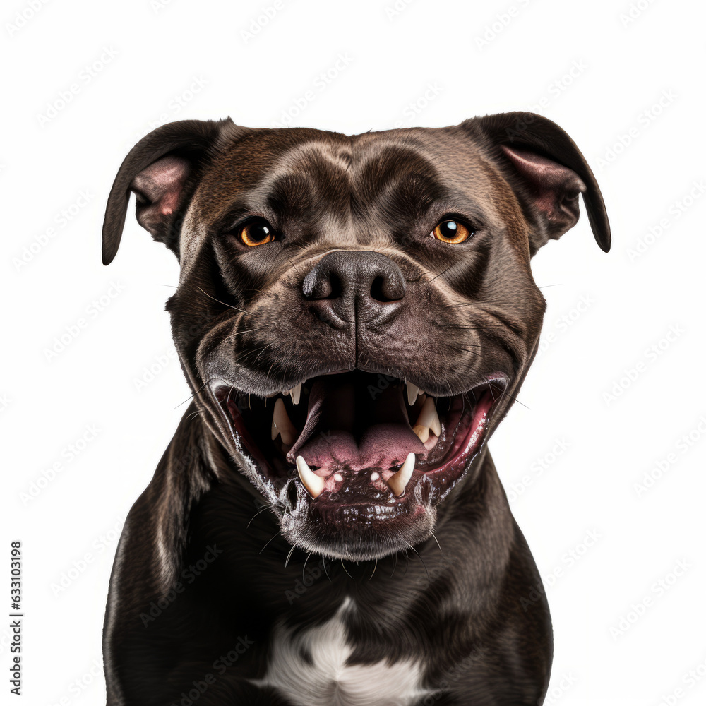 Angry Staffordshire Bull Terrier Dog Growling on Isolated White Background