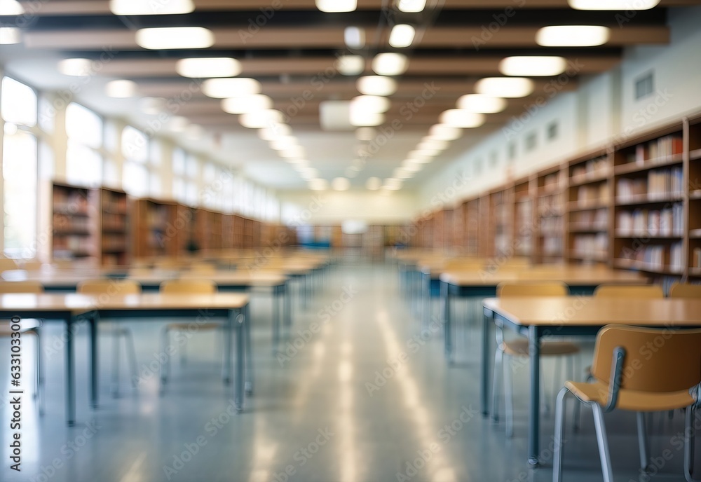 Abstract blurred empty college library interior space. Blurry classroom with bookshelves by defocused effect - obrazy, fototapety, plakaty 
