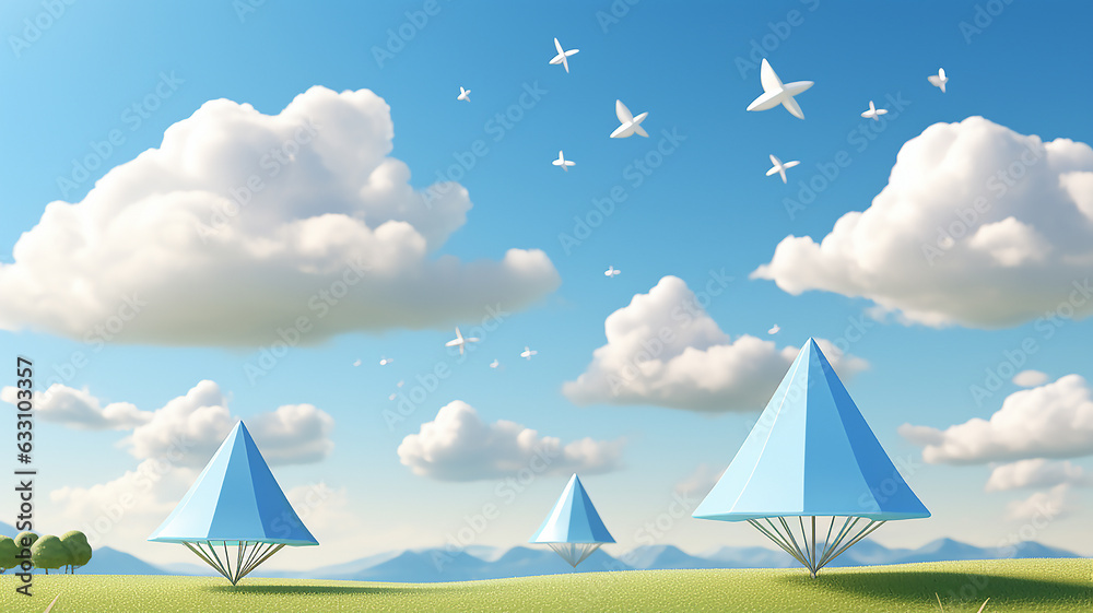 blue paper cone with clouds Minimal cartoon cute creative vision concept. 3d illustration