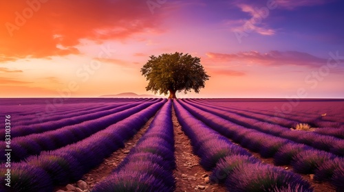 Harmonische Szenerie: Lavendelfeld mit zentralem Baum