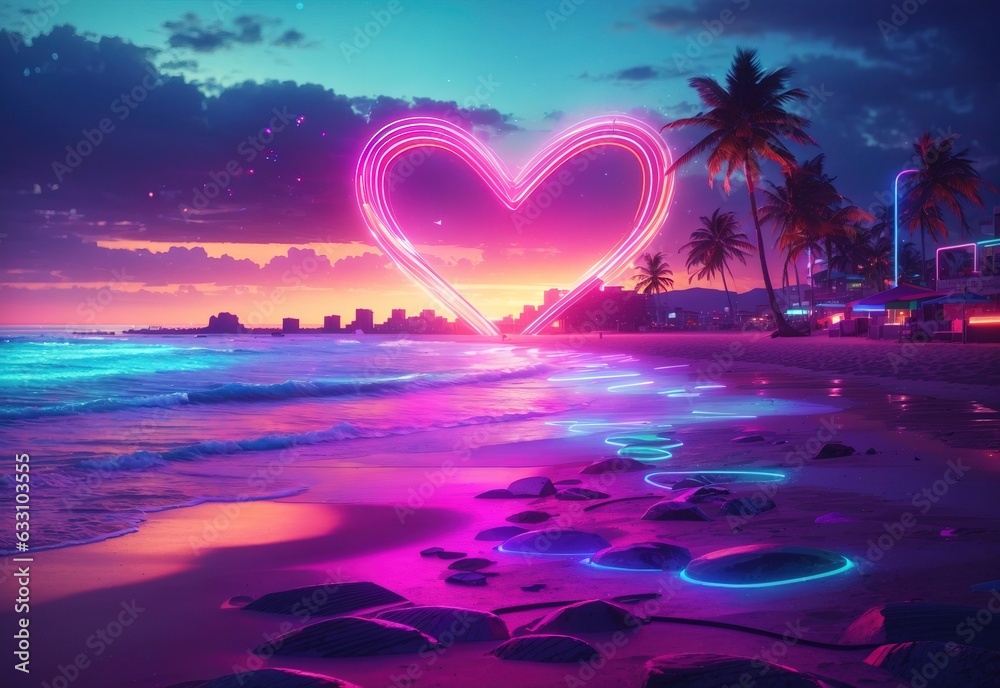 A neon light beach with a colorful heart radiating light beams, magic lights - obrazy, fototapety, plakaty 