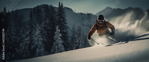 Man doing Off-piste or Freeride Skiing through the forest on a snow covered mountain. Concept of riding in powder snow and avalanche risks. Shallow field of view. photo