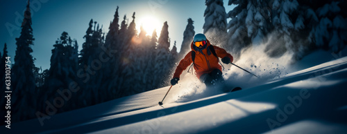 Man doing Off-piste or Freeride Skiing through the forest on a snow covered mountain. Concept of riding in powder snow and avalanche risks. Shallow field of view. photo