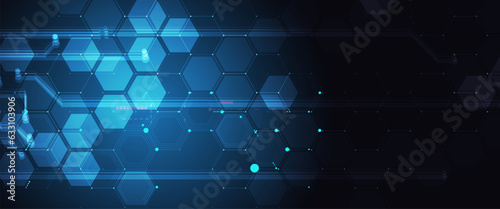 Technology banner design with hexagons abstract background.