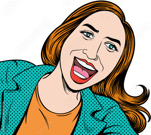 good mood woman smile and laugh happily. Pop art retro hand drawn style design illustrations. transparent background