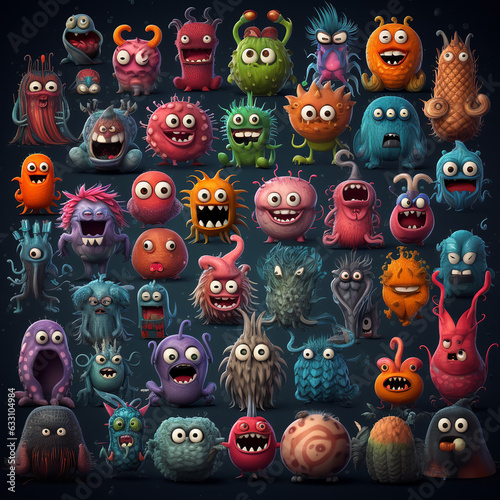 sheet of many cartoon monsters cute cartoon style toys isolated high quality hd resolution ai gen element
