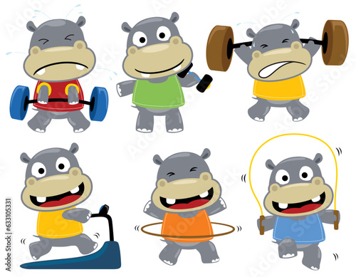 Group of funny hippo cartoon in different sports activities