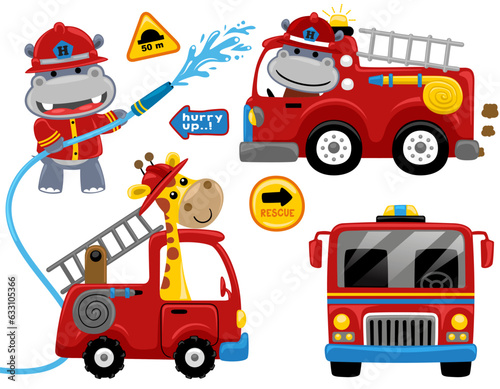 Set of firefighters cartoon element with funny hippo and giraffe in fireman costume photo