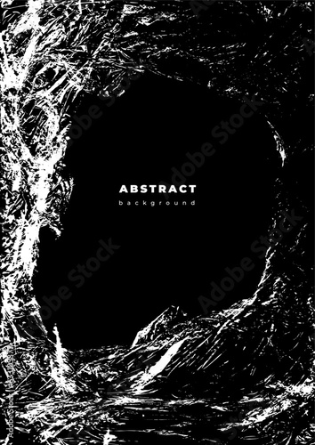 Polyethylene texture. Torn effect. Transparent stretched cling film. Overlay grunge texture. Black and white vector background. Crumpled warp plastic. Defect, scuff frame template.