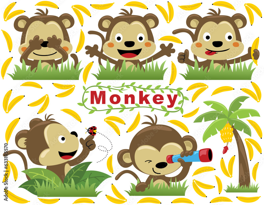 Naklejka premium Group of funny monkey with bananas
