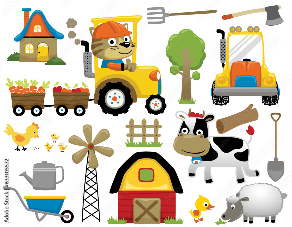Vector set of farming element, farm animals cartoon