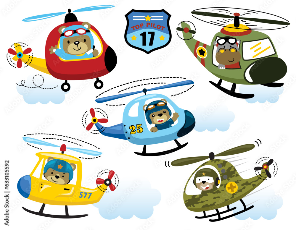Naklejka premium Vector set of helicopter cartoon with funny animals pilot
