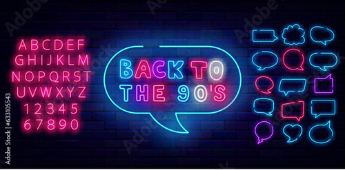 Back to the 90s party neon label. Speech bubbles frames. Retro celebration. Holiday concept. Vector stock illustration