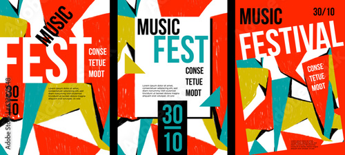 Set of music fest poster templates with hand drawn pattern. Banner with abstract geometric pattern with colorful blocks in red and white color. Retro texture. Festival placard with typography