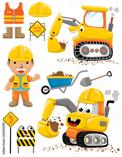 Vector set of construction element cartoon with funny worker © Bhonard21