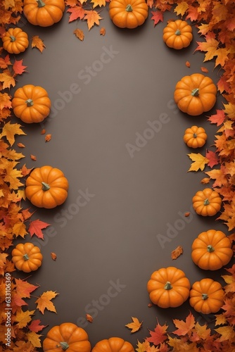 Autumn background with pumpkin. Leaf frame with pumpkins. Autumn and Halloween theme. Generative AI.