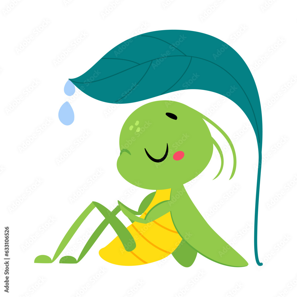 Obraz premium Cute Green Grasshopper Character Sitting Under Leaf with Drop Fall Vector Illustration