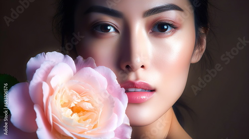 Close-up portrait of an Asian woman with a pink peony near her face.