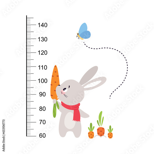 Growth Ruler with Cute Bunny Animal at Kids Height Meter Vector Illustration