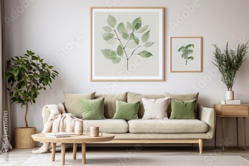 This is a modern living room interior with a fashionable design. It includes a poster frame, wooden shelf, contemporary sofa, and unique personal accessories. The wall is decorated with eucalyptus